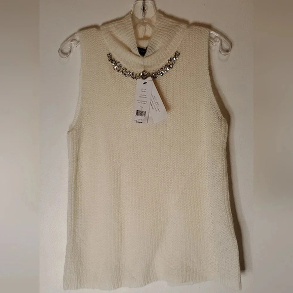 French Connection Mathilde Knit High Neck Sz S Ivory Jeweled Sweater - Picture 5 of 11